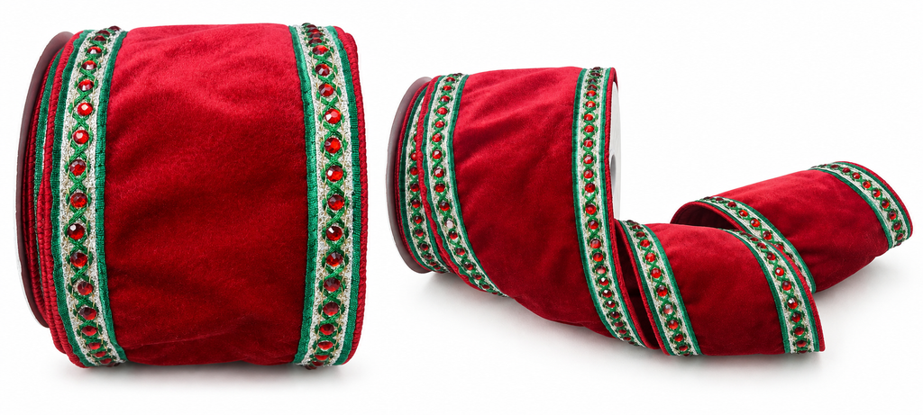 4" Wired Premium Velvet Ribbon | Jeweled Trim Red and Green | 5 Yard Roll