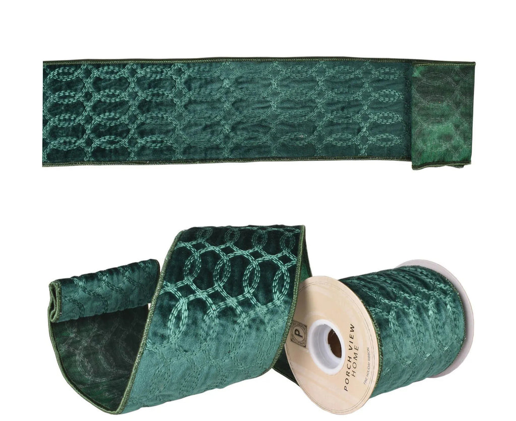 Green Velvet With Entwined Green Embroidery Ribbon 4" x 5 YD