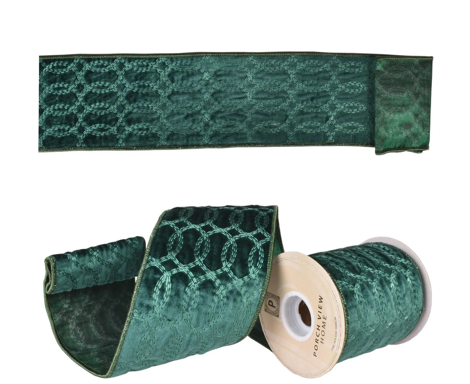 Green Velvet With Entwined Green Embroidery Ribbon 4" x 5 YD