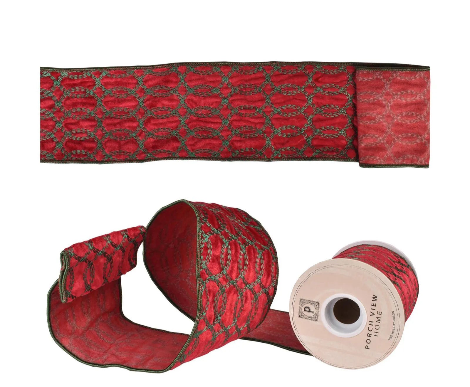 Red Velvet With Entwined Green Embroidery Ribbon 4" x 5 YD