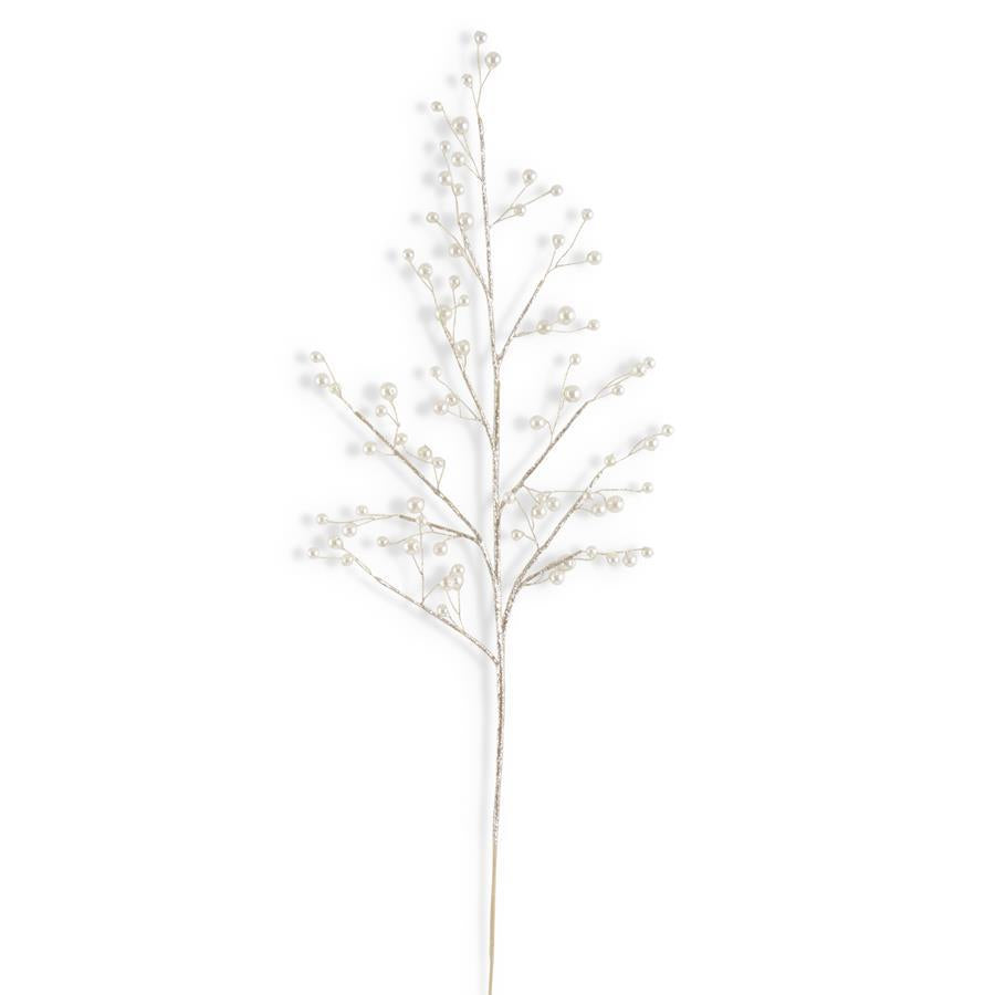 A single decorative branch with delicate off-white faux berries or pearl-like buds on a plain white background.
