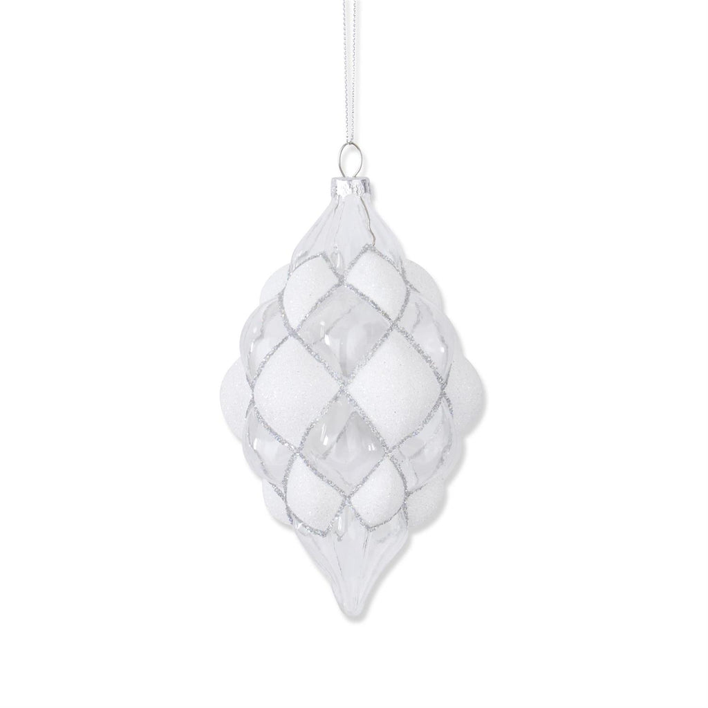 Decorative white hanging ornament with a textured pattern on a white background
