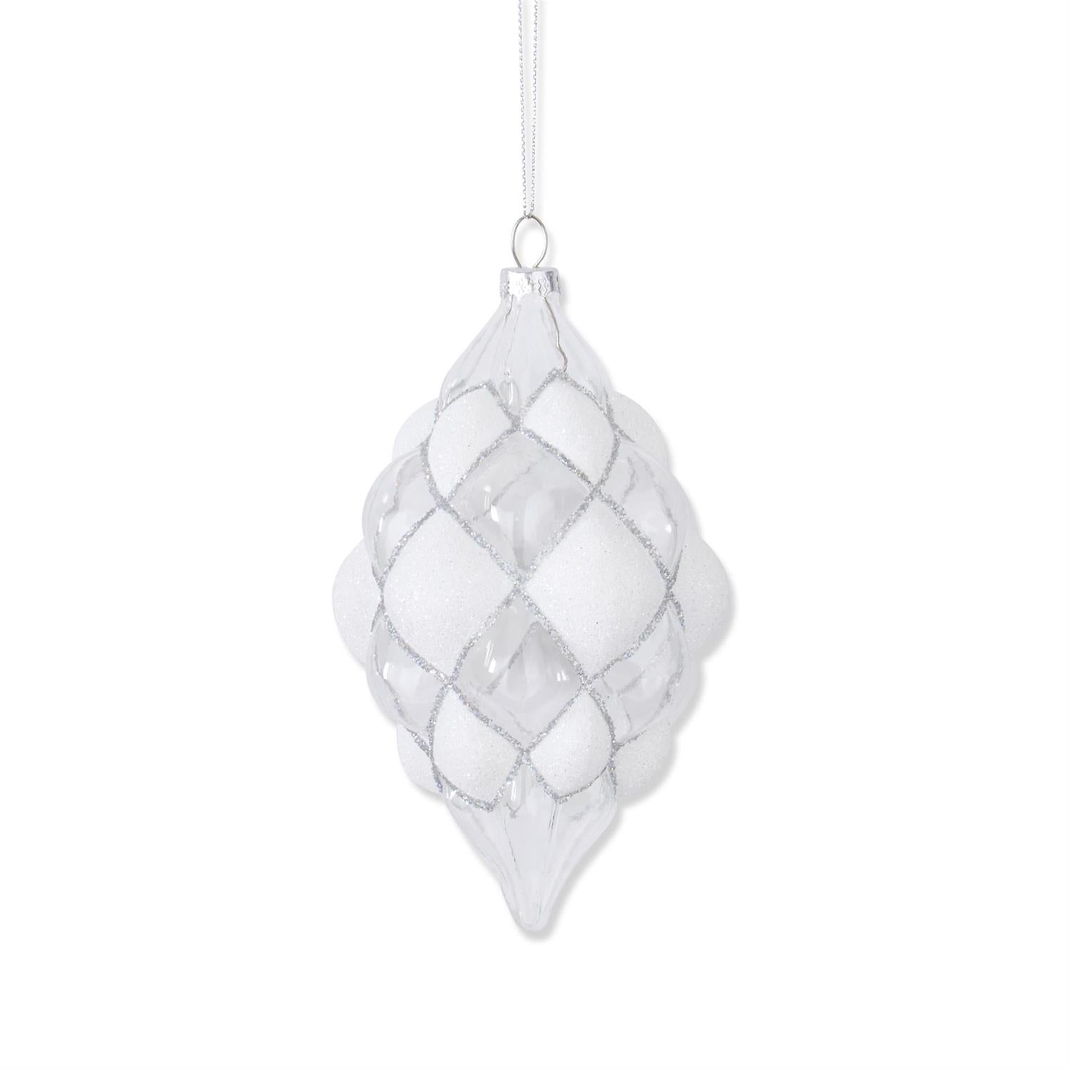Decorative white hanging ornament with a textured pattern on a white background