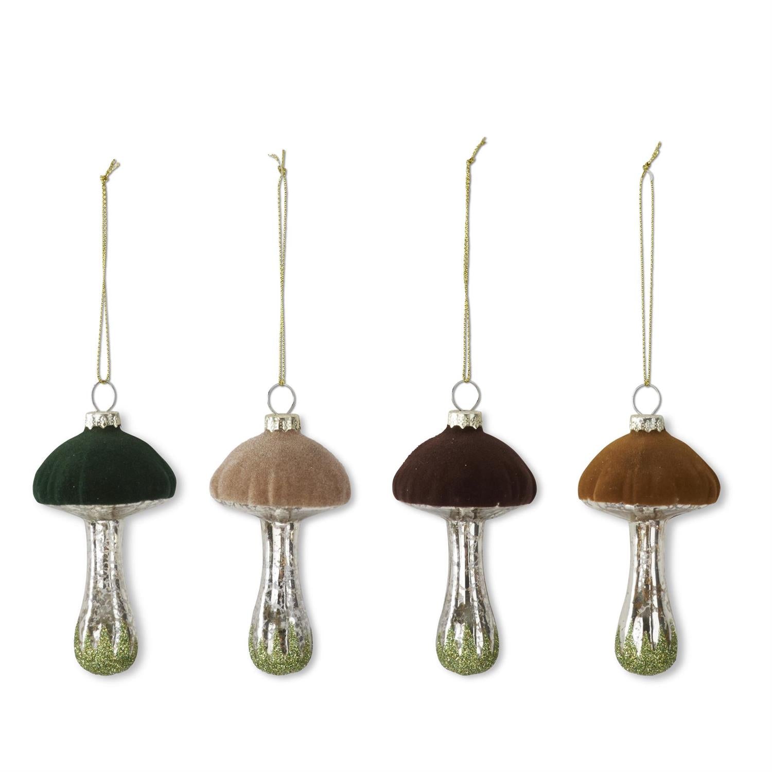 Four mushroom-shaped hanging ornaments in dark green, taupe, dark brown, and rust brown, each with a metallic silver stem and gold hanging string, shown on a plain white background.
