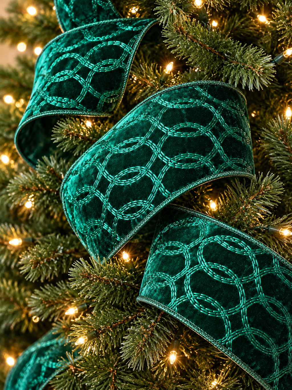 Green Velvet With Entwined Green Embroidery Ribbon 4" x 5 YD