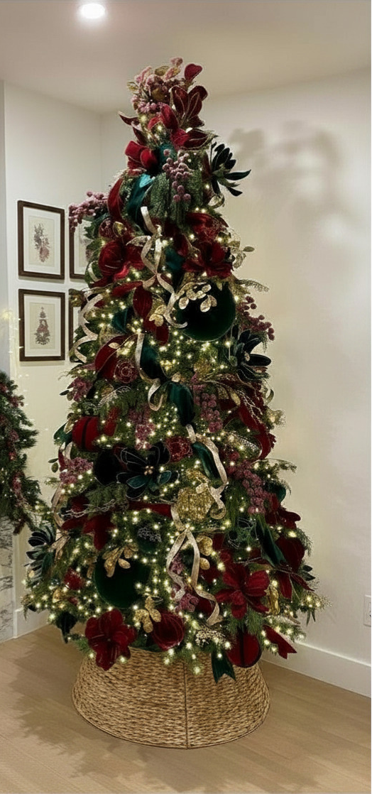 A rich, elevated holiday tree design featuring deep burgundy tones, warm golds, and layered textures.

This curated kit is designed to give your tree a professionally styled look—without the stress of sourcing and coordinating each piece.

Perfect for creating a warm, elegant holiday centerpiece.

