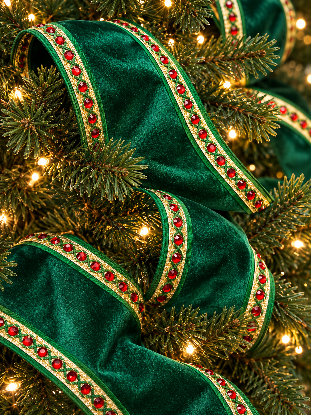 4" Wired Premium Velvet Ribbon | Jeweled Trim Red and Green | 5 Yard Roll