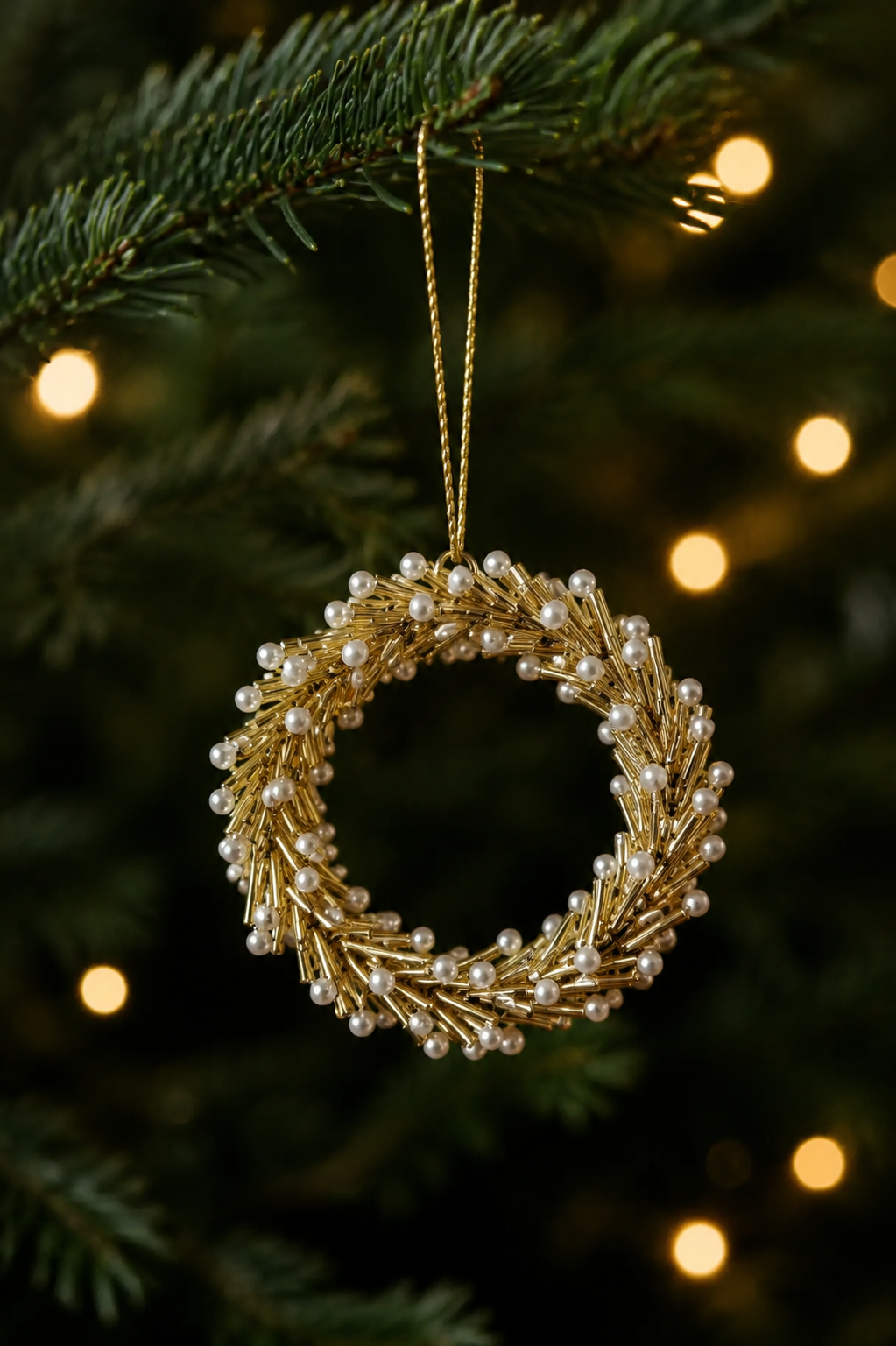 Gold and Pearl Finished Wreath Ornament