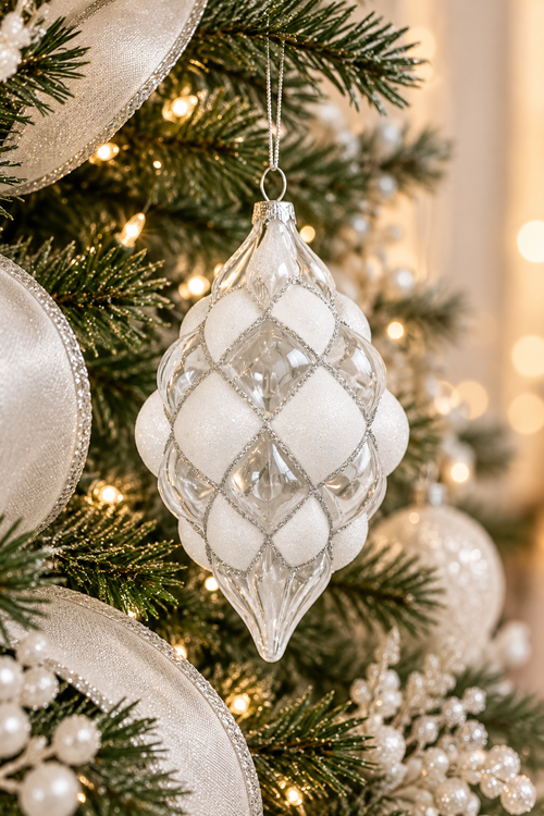 BEADED WHITE & CLEAR GLASS TEARDROP HOBNAIL ORNAMENT 6"