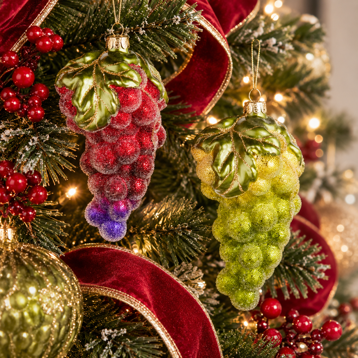 Glittered Glass Grape Ornaments – Set of 2