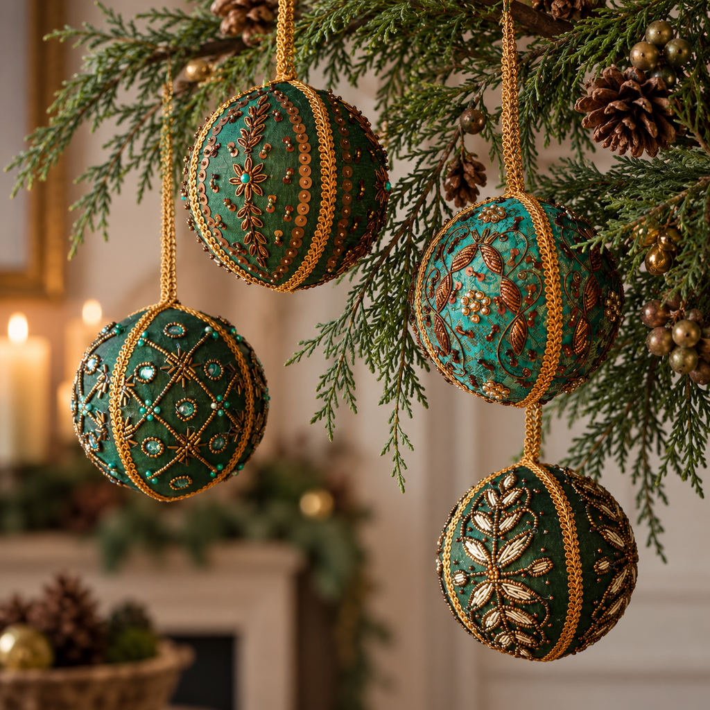 Majestic Embroidered & Jeweled Ornaments 4", Assorted Set Of 4