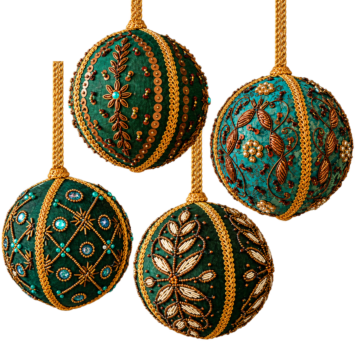 Majestic Embroidered & Jeweled Ornaments 4", Assorted Set Of 4