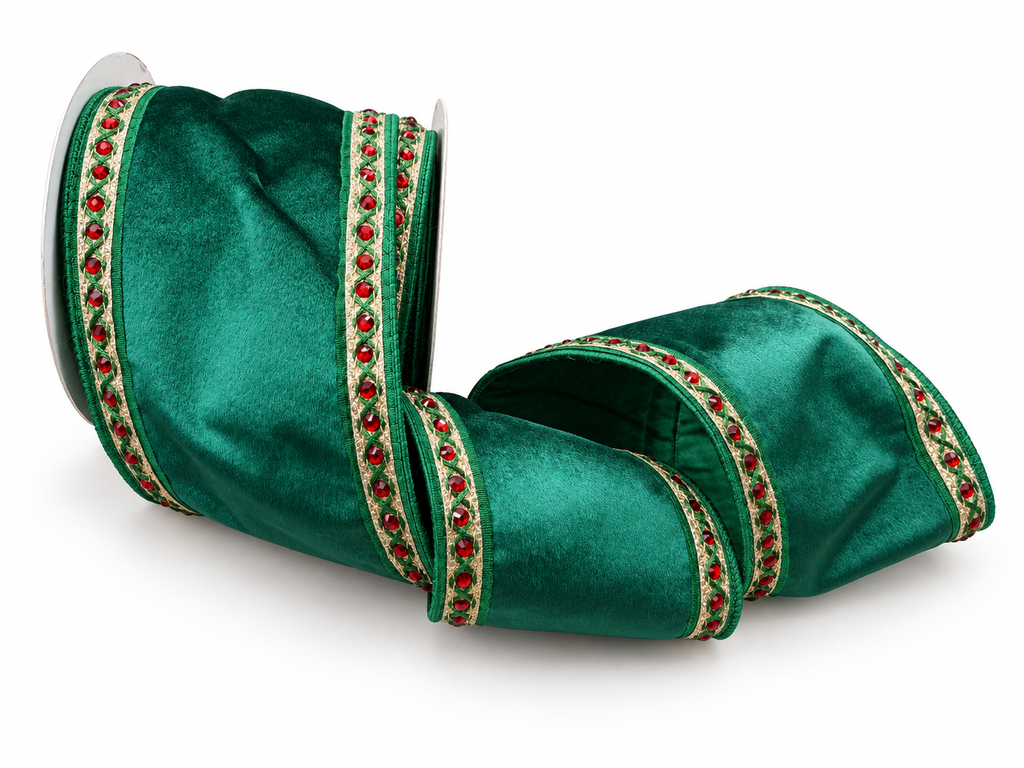 4" Wired Premium Velvet Ribbon | Jeweled Trim Red and Green | 5 Yard Roll