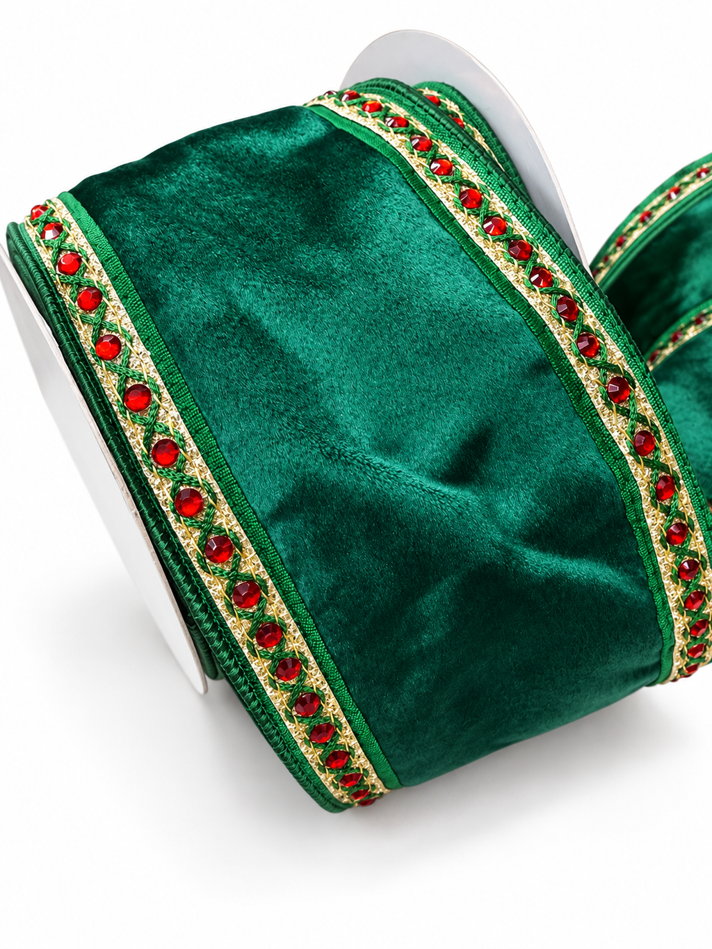 4" Wired Premium Velvet Ribbon | Jeweled Trim Red and Green | 5 Yard Roll