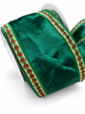 4" Wired Premium Velvet Ribbon | Jeweled Trim Red and Green | 5 Yard Roll