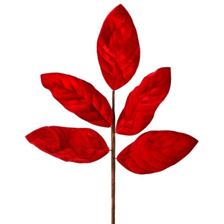 A decorative artificial leaf stem featuring five vibrant red leaves on a thin brown stem, isolated on a white background.