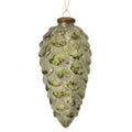 A pinecone-shaped Christmas ornament with a textured, glittery finish in muted green and gray tones, featuring a gold hanging loop at the top, shown against a plain white background.