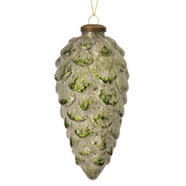 A pinecone-shaped Christmas ornament with a textured, glittery finish in muted green and gray tones, featuring a gold hanging loop at the top, shown against a plain white background.