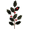 An artificial holly branch with dark green textured leaves, red berries, and brown stems on a plain white background.