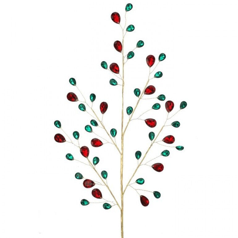 A decorative branch-style wall hanging with thin gold-toned branches and multiple small teardrop-shaped embellishments in red and green, shown against a plain white background.
