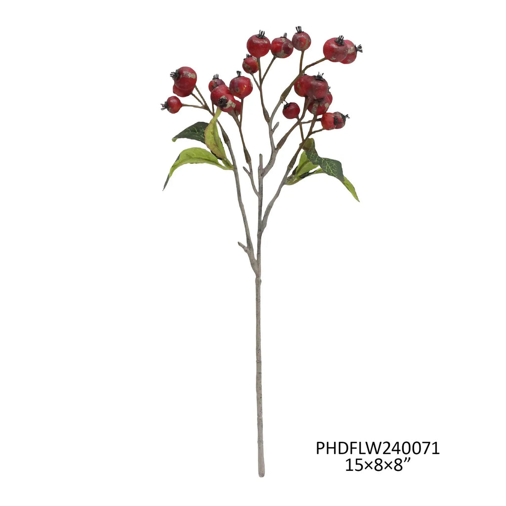 An artificial autumn branch featuring red berries, green leaves, and a brown stem on a solid white background, with a product code and size text in the bottom right corner.