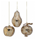 Three textured hanging Christmas ornaments shaped like an apple, pear, and pomegranate in a metallic champagne-gold finish, shown against a plain white background.