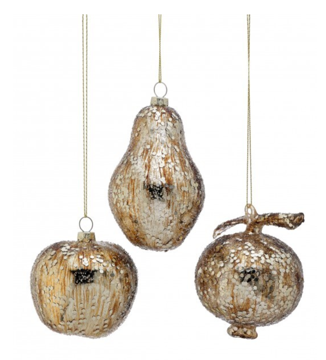 Three textured hanging Christmas ornaments shaped like an apple, pear, and pomegranate in a metallic champagne-gold finish, shown against a plain white background.