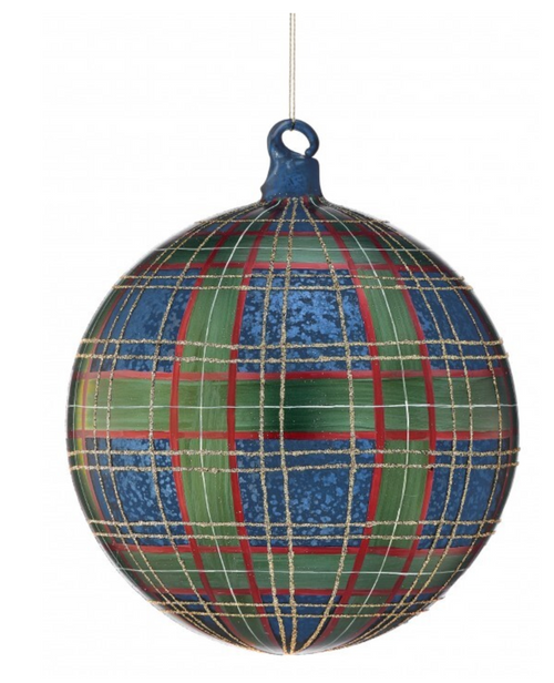 Plaid-patterned Christmas ornament on a white background