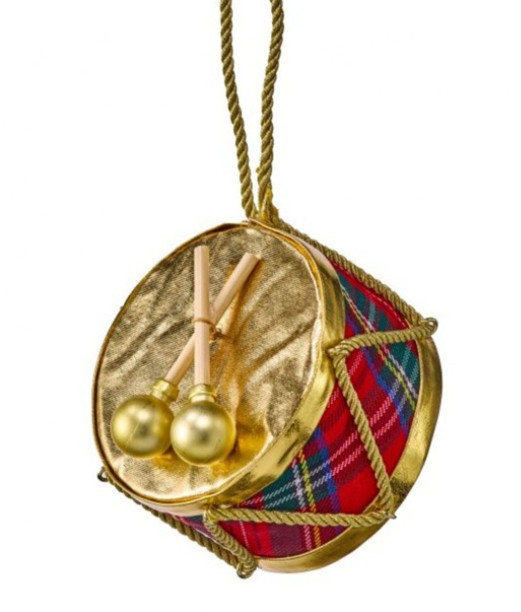 A miniature Scottish drum ornament with a red, blue, and green tartan pattern, gold-colored metal trim, wooden mallets, and a gold hanging loop, shown against a plain white background.