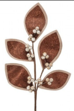 A decorative faux botanical branch with five textured brown leaves and small clusters of white faux pearls on a plain white background.