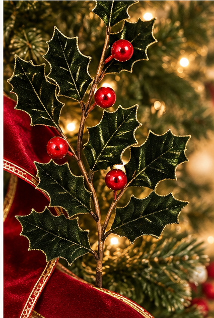 VELVET HOLLY LEAF SPRAY WITH RED BERRIES 27"