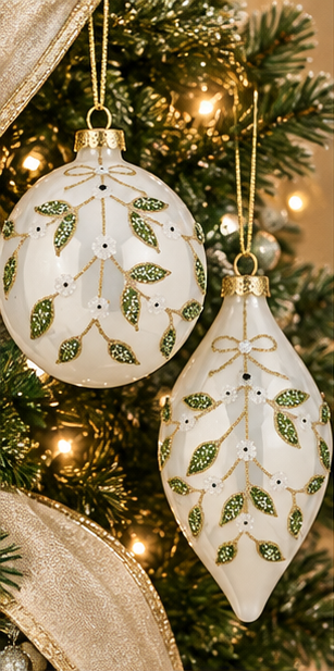 GLASS PEARL WITH LEAF BALL AND FINIAL ORNAMENT SET OF 2